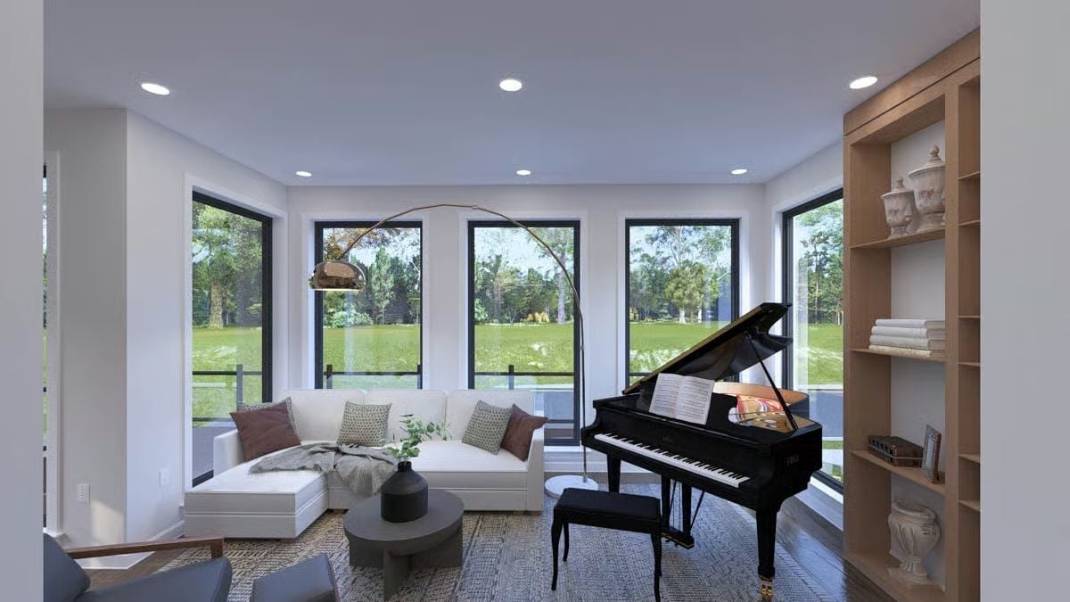 Grand Piano by the Windows and a Sectional That Knows Its Place