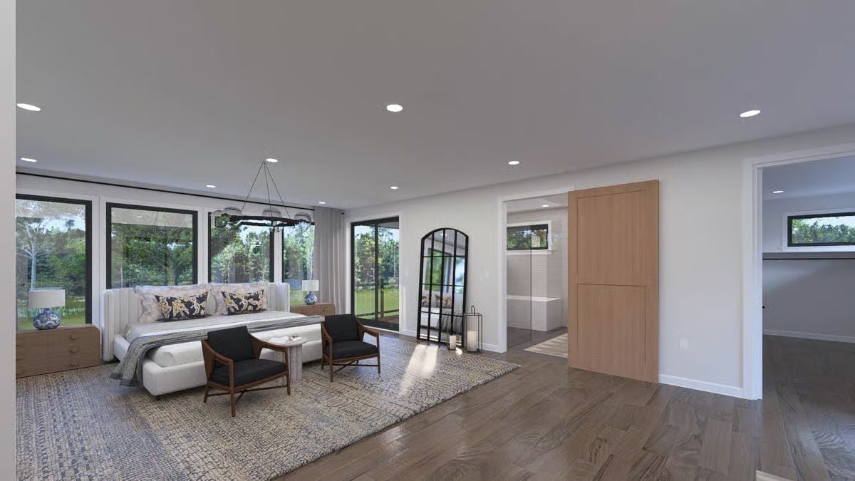 Oversize Master Suite With Barn Door, Arched Mirror, and Floor-to-Ceiling Glass