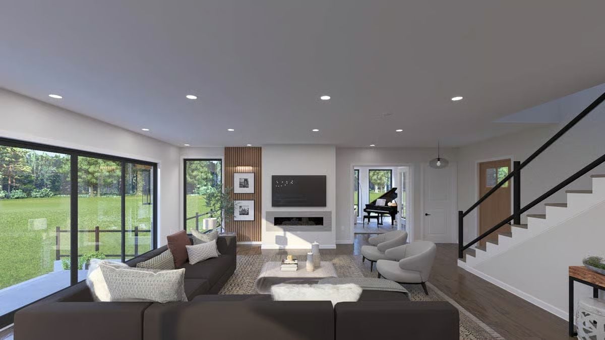 Recessed Lighting, a Wood Slat Panel, and Two Lounge Chairs That Actually Fit the Scale