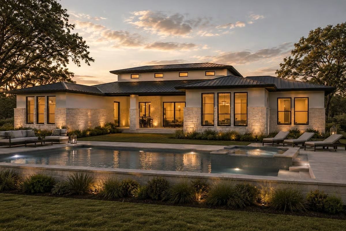 Warm Stone Exterior and Lit Pool Make Dusk the Best Hour Here