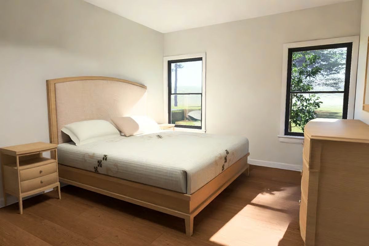 Warm Wood Tones and a Headboard That Curves Just Enough to Matter