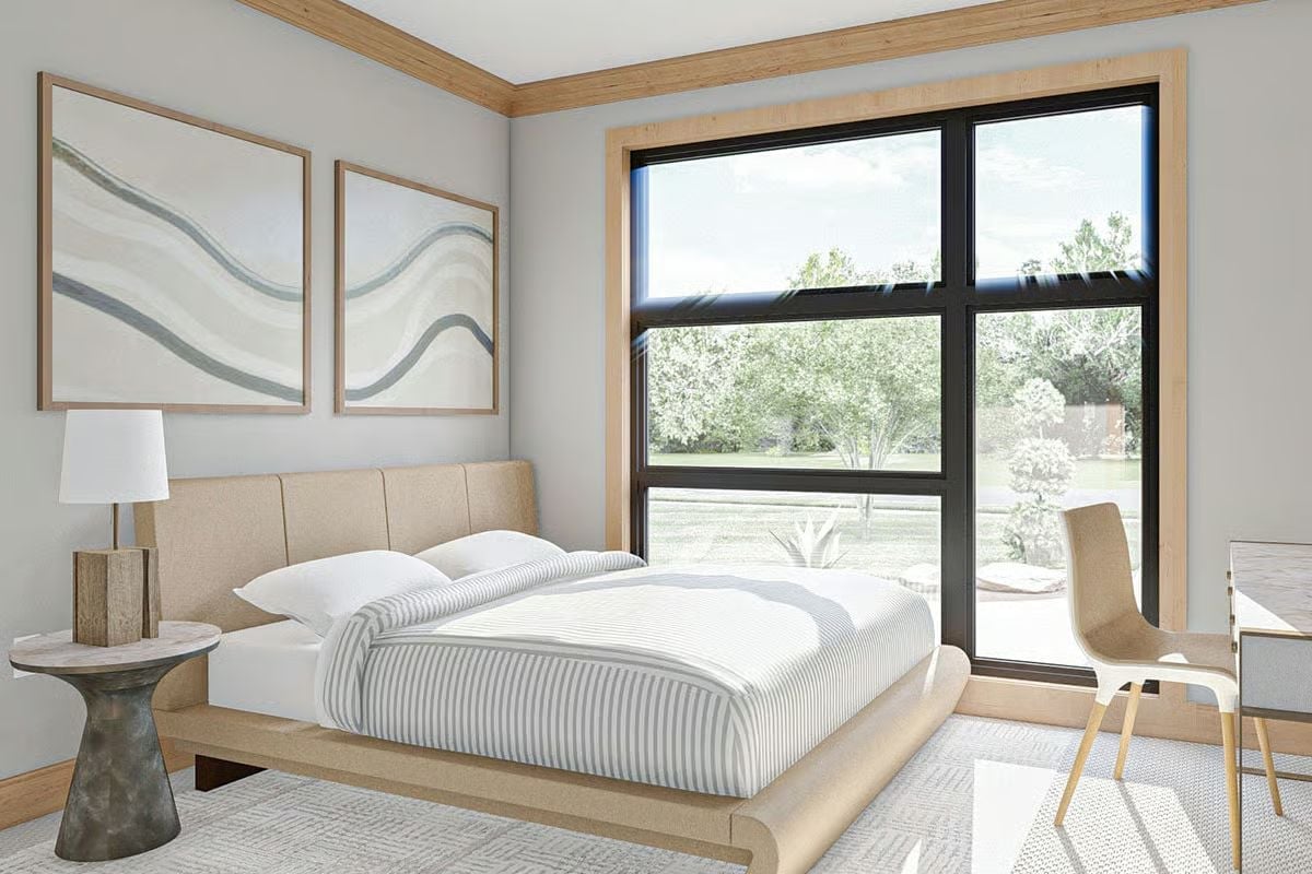 Beige Linen Headboard and Corner Windows Built for the Couple Who Sleeps In