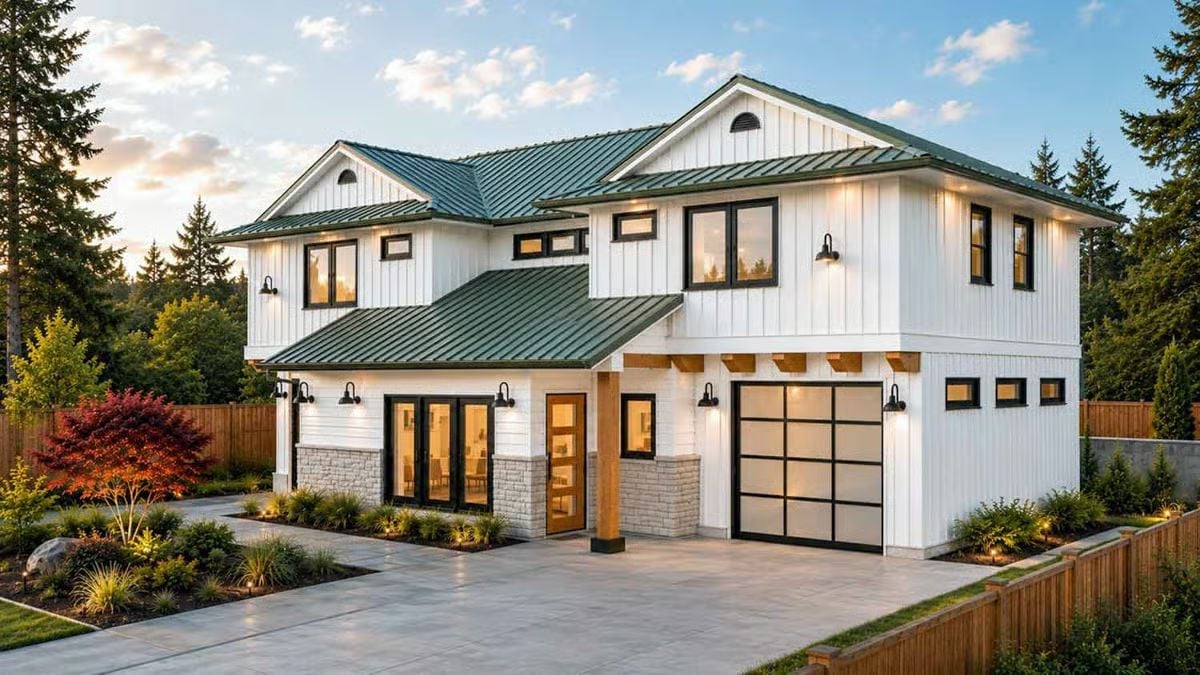 Board-and-Batten White With a Green Metal Roof That Actually Works