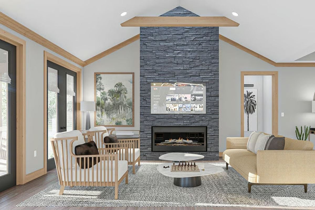 Floor-to-Ceiling Stone and a Linear Fireplace Built for Two