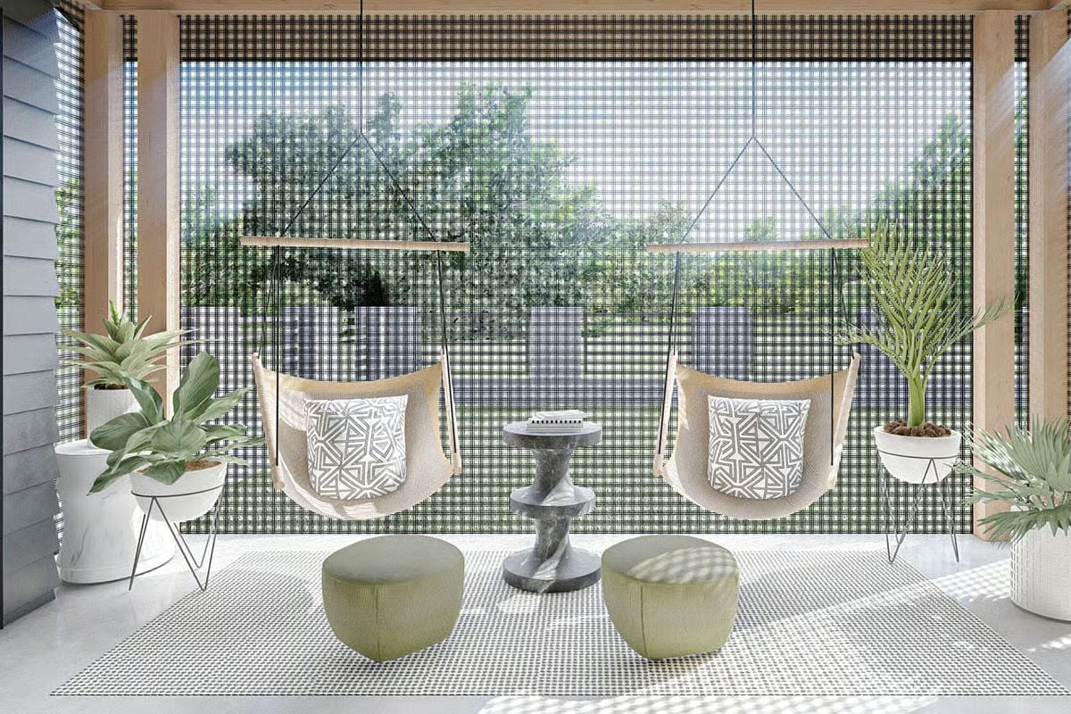 Hanging Rope Chairs and a Screened Wall That Pulls the Treeline Inside
