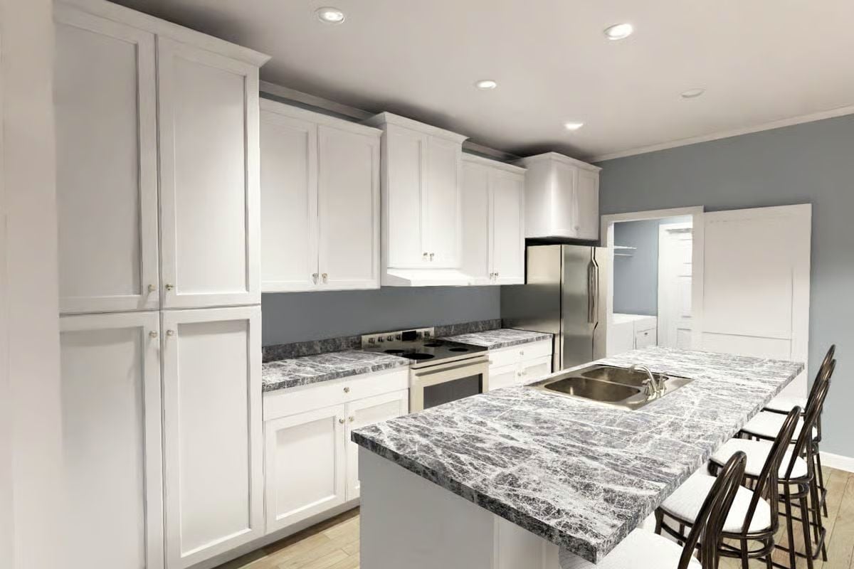 Marble-Look Counters and White Cabinetry That Don't Fight Each Other