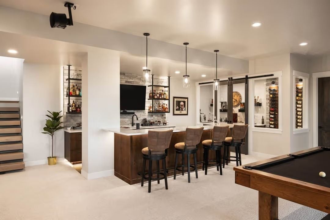 Pendant Lights, a Wine Room, and Bar Stools That Mean Business