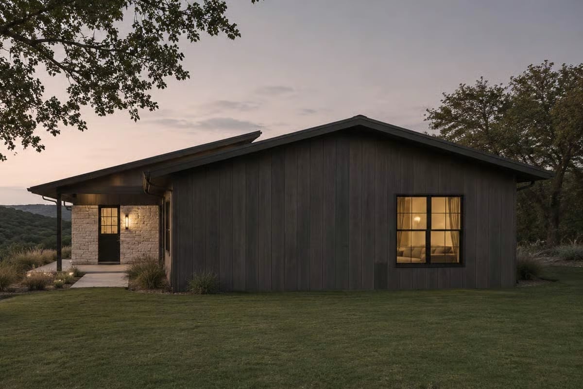 Weathered Wood Siding and Stone Meet the Last Light of the Day