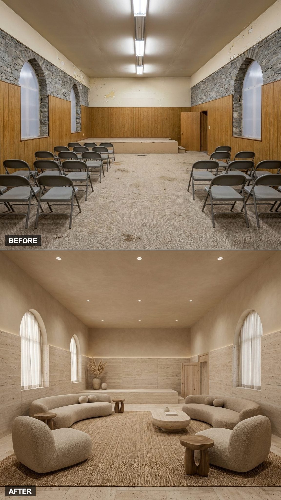 Curved Furniture, Travertine, and Limewash Walls Soften the Stone Church Into a Modern Organic Retreat