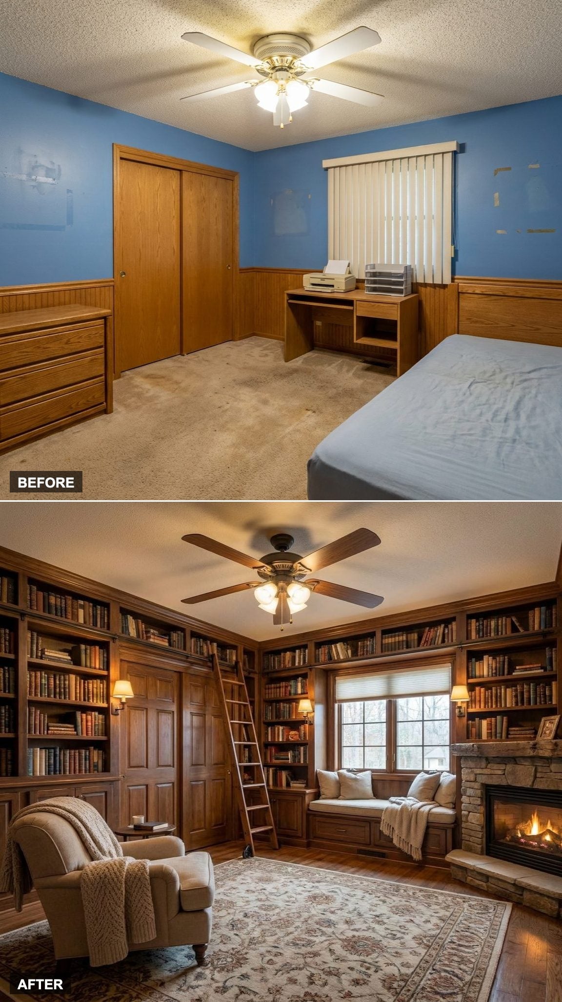 Custom Bookcases, a Rolling Ladder, and a Window Seat Finally Made the Room Worth Keeping