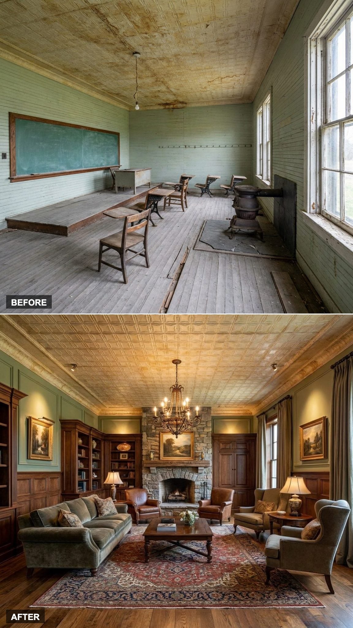 Custom Millwork, Dramatic Lighting, and Elegant Furnishings That Turned a Classroom Into a Country Estate
