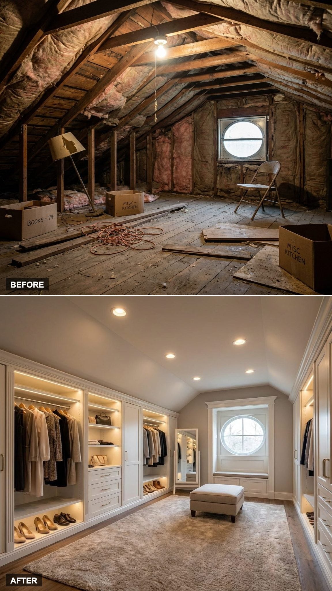 Custom Wardrobes Follow the Slope in a Full Attic Dressing Room