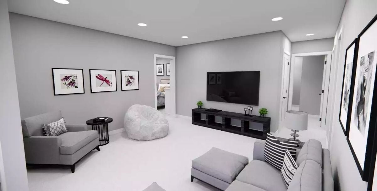 Bean Bag Chair, Recessed Lights, and a Media Console That Doesn't Try Too Hard