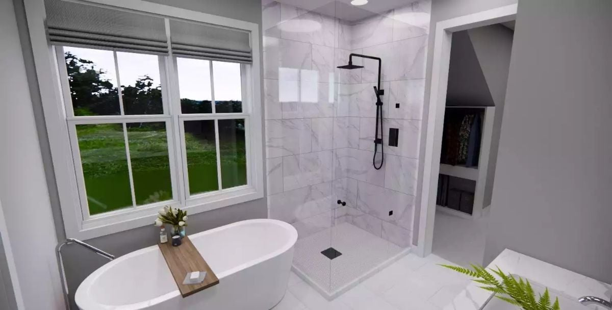 Marble Tile, Matte Black Fixtures, and a Soaking Tub That Earns Its Square Footage