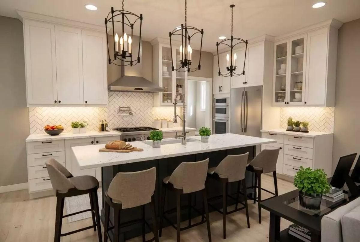 Dark Island Base Against White Cabinetry Pulls Off the Two-Tone Look Without Trying Too Hard