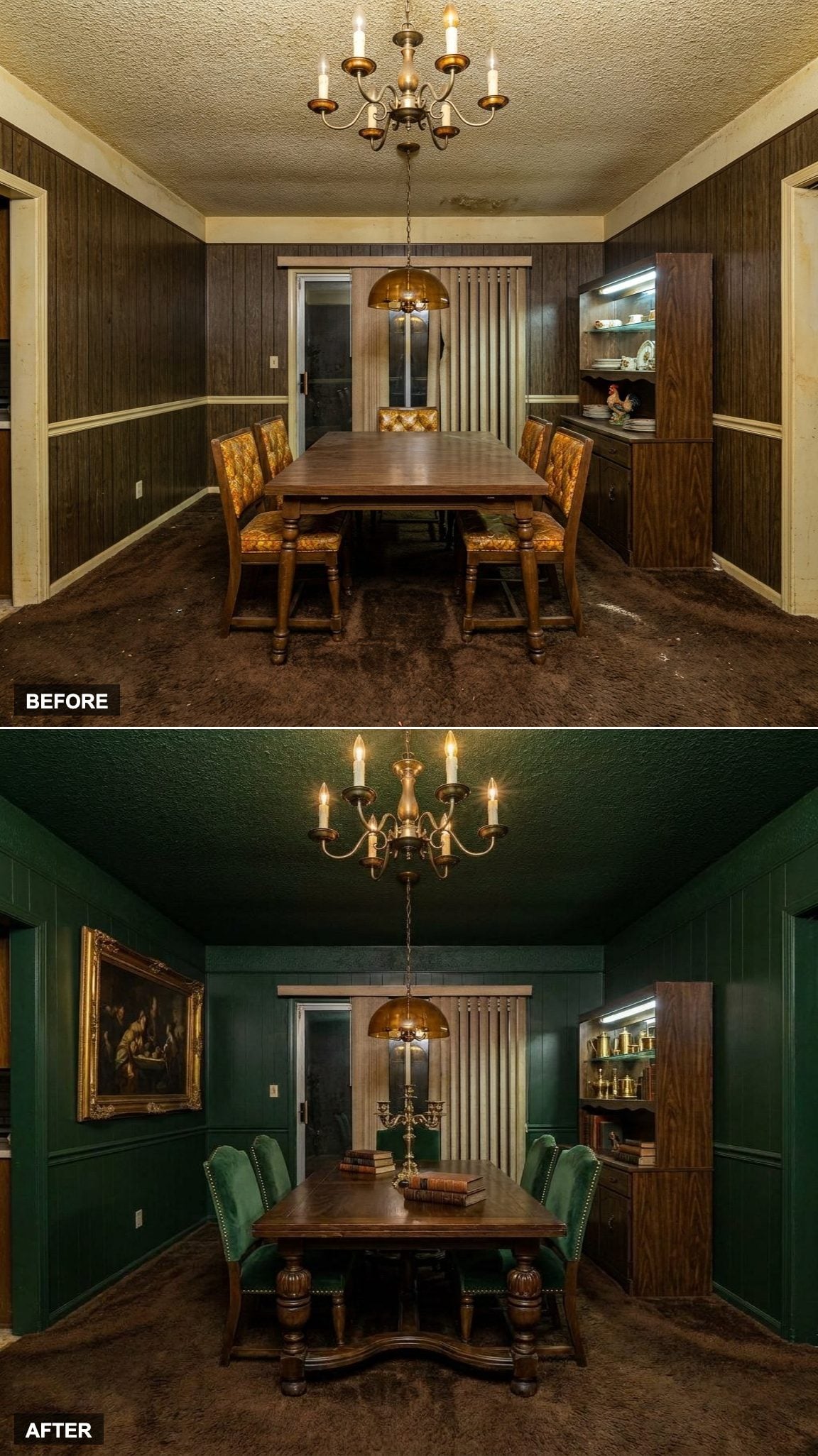 Dark Academia Glamour with Forest Green Velvet and Antiqued Brass Chandeliers
