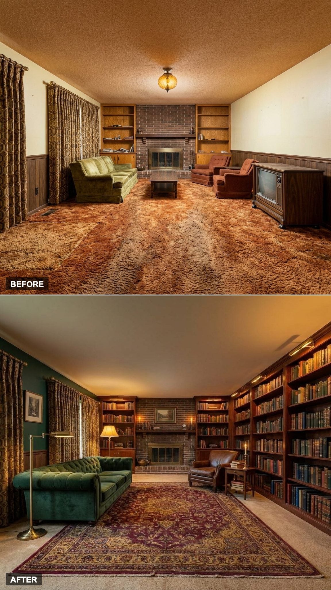 Dark Academia Library Lounge with Mahogany Built-Ins and Forest Green Velvet