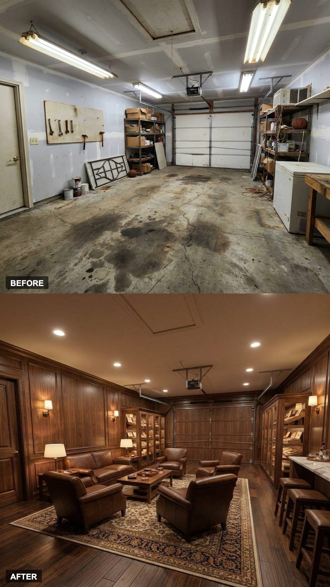 Dark Wood, Leather Club Chairs, and a Proper Cigar Lounge Built From a Two-Car Bay