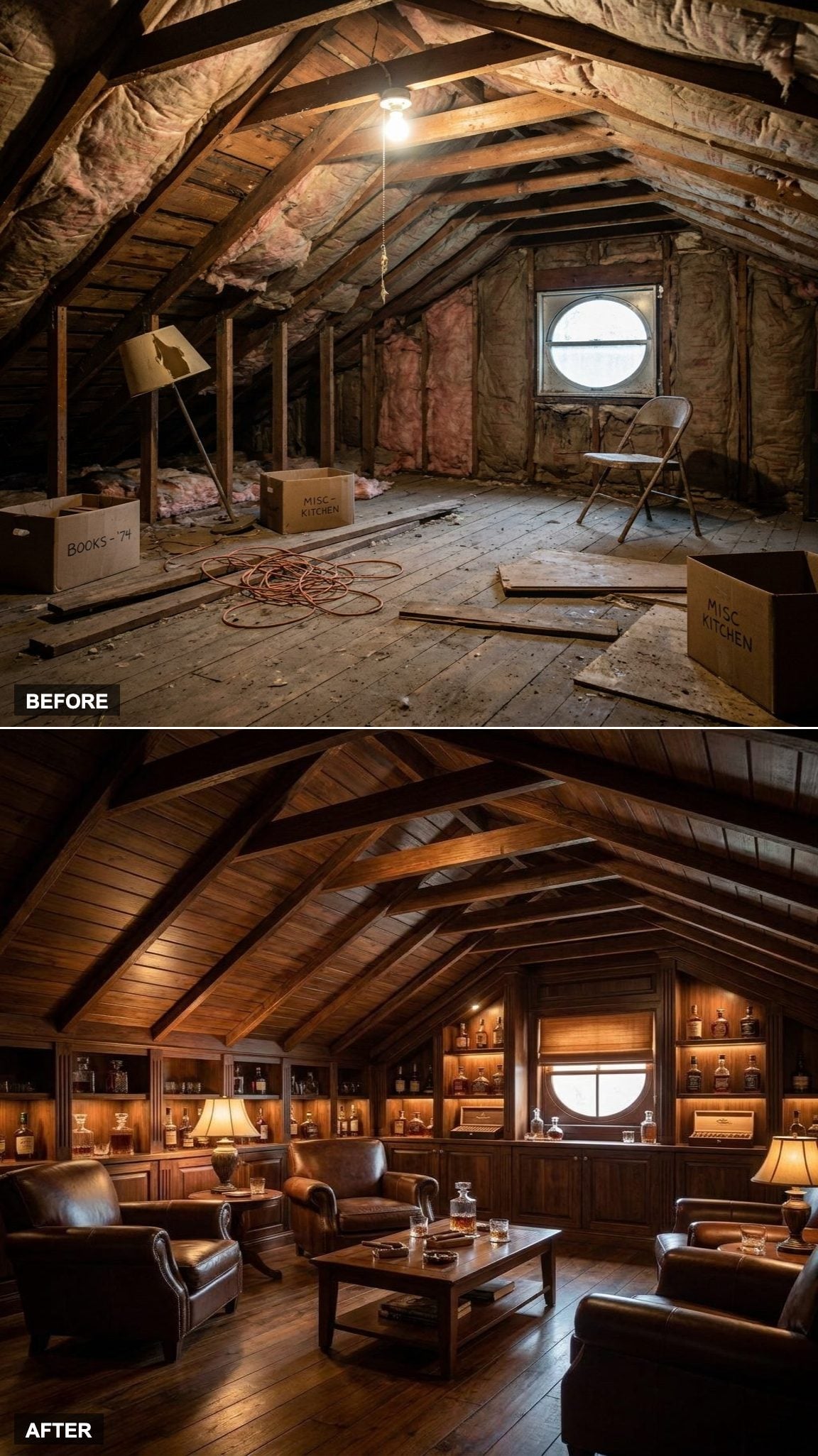 Dark Wood and Leather Club Chairs Turn the Low Ceiling Into an Asset
