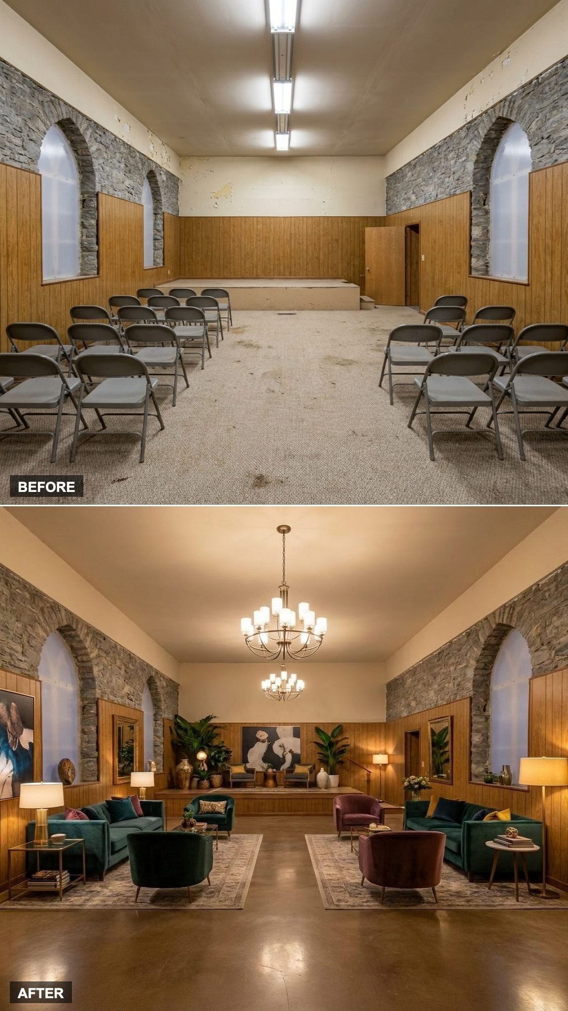 Designer Lounge Seating, Statement Lighting, and Curated Artwork Make the Old Stone Nave Feel Like a Boutique Hotel