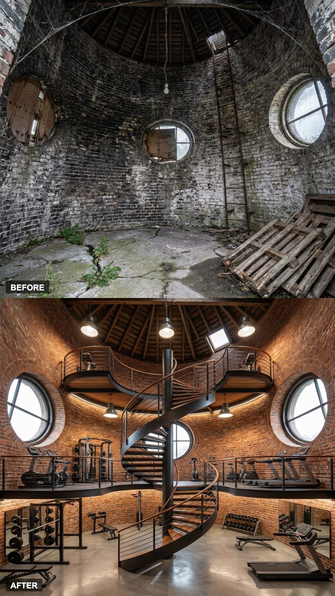 Distinct Workout Zones Stacked Floor by Floor and Stitched Together by a Dramatic Spiral Staircase