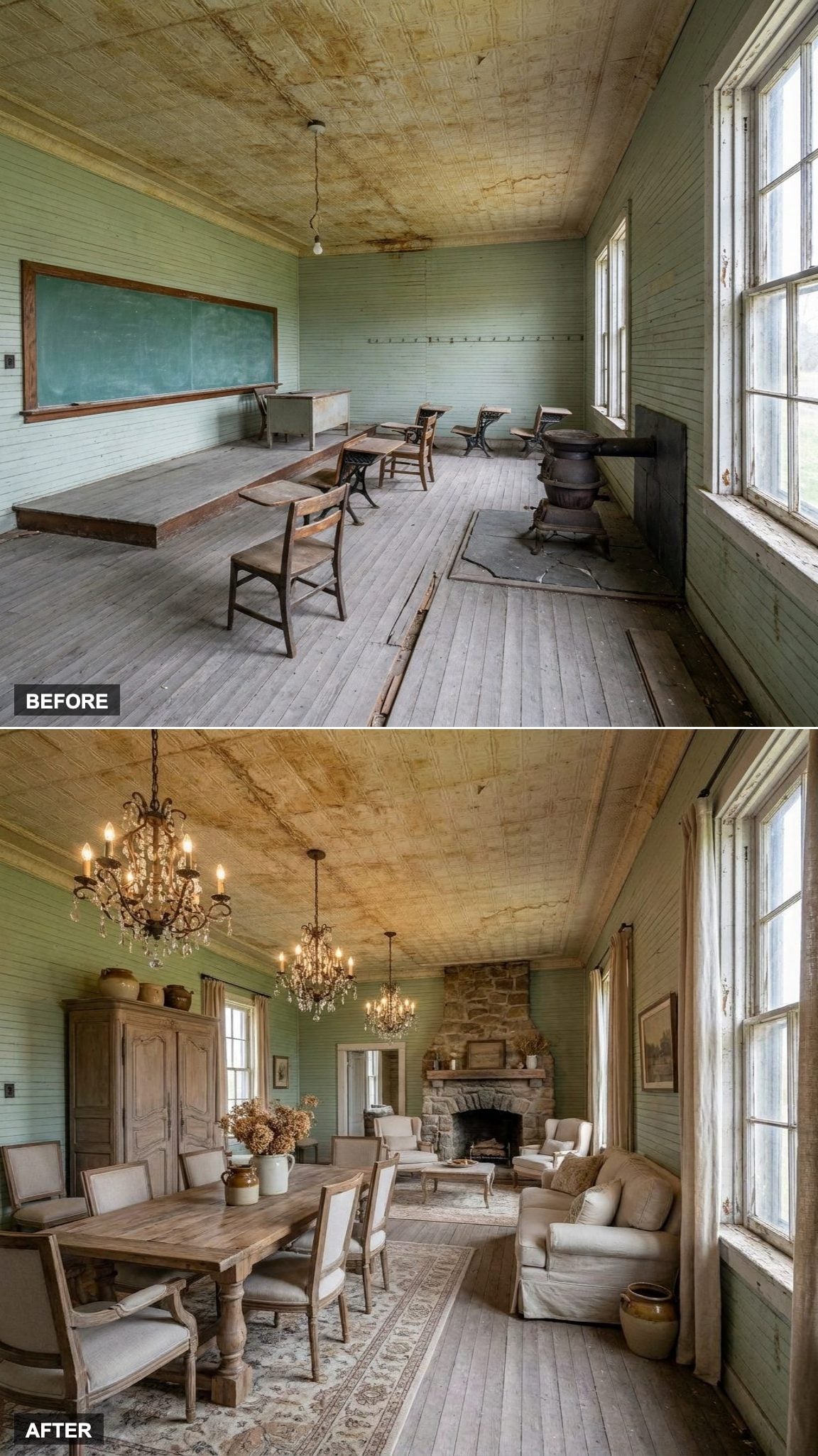 Distressed Wood, Linen Upholstery, and an Elegant Chandelier Bring French Country to a Former Schoolhouse