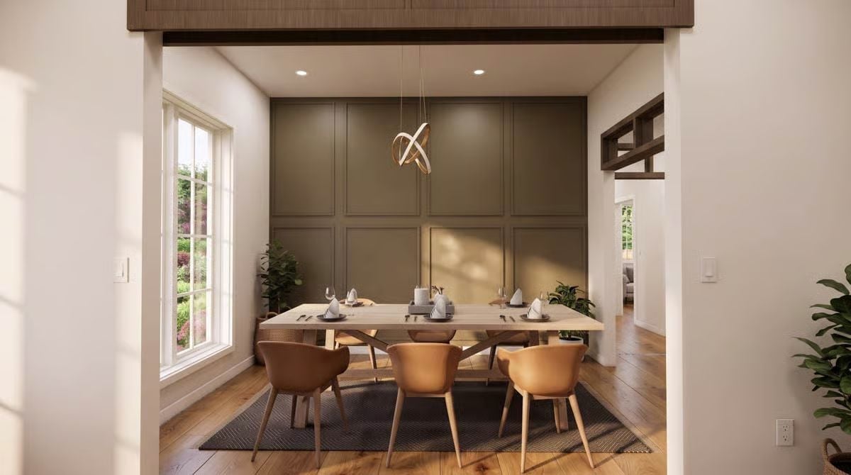 Olive Panels, Warm Leather, and Dining Room Drama That Doesn't Try Too Hard