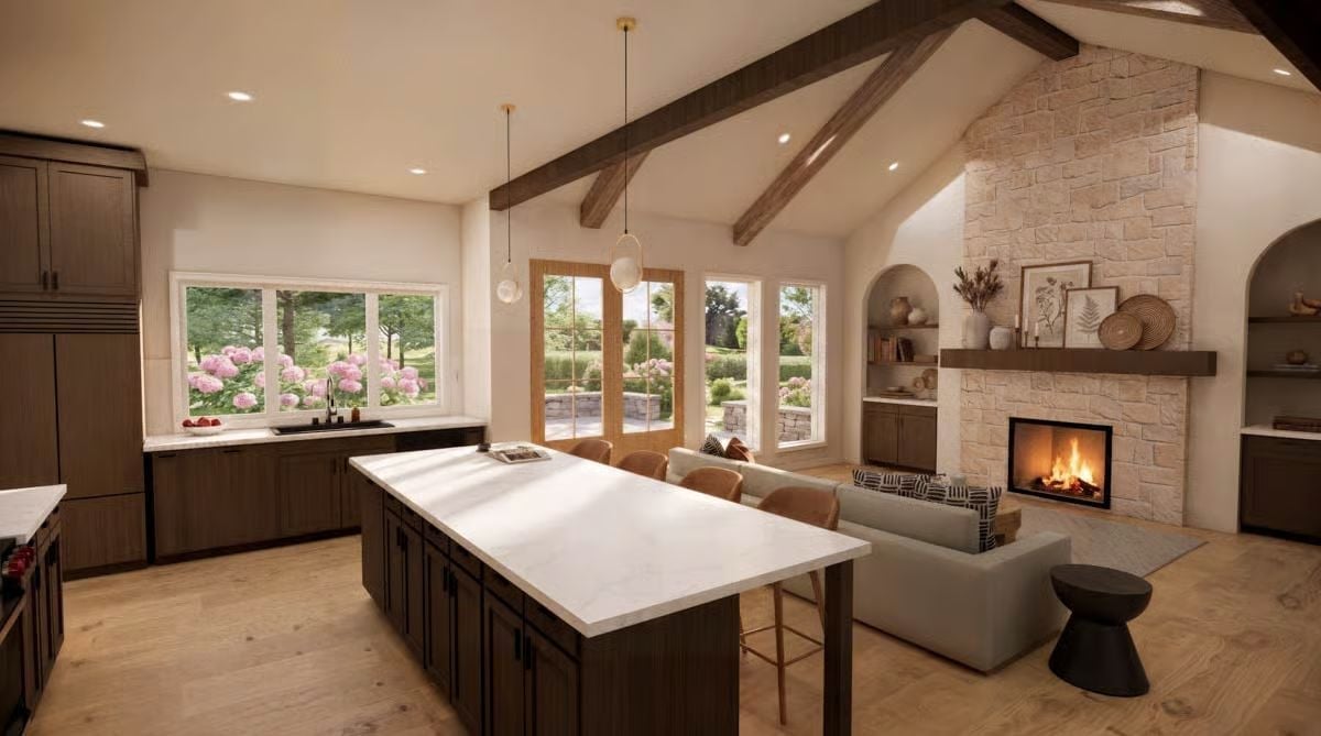 Vaulted Ceilings, Beam Crossing, and an Island That Anchors Everything