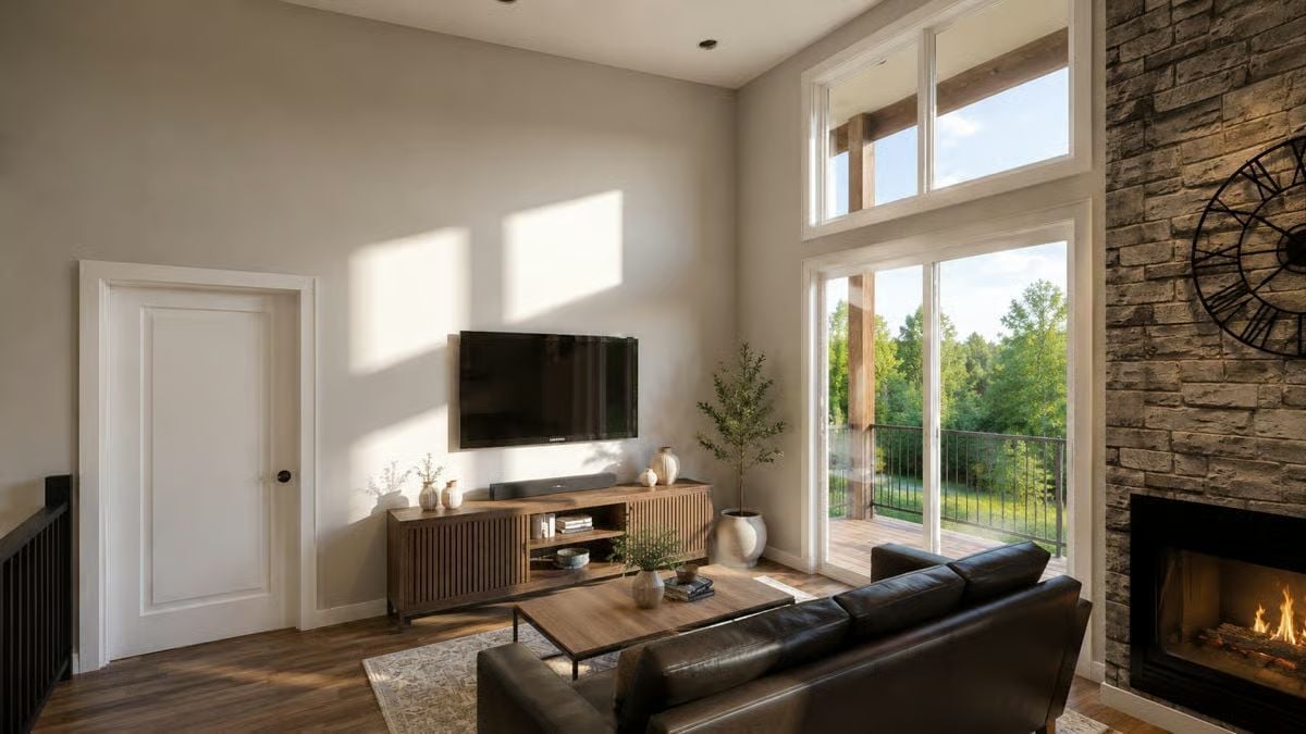 Stone Fireplace, Leather Sofa, and a Deck That Earns Its Square Footage