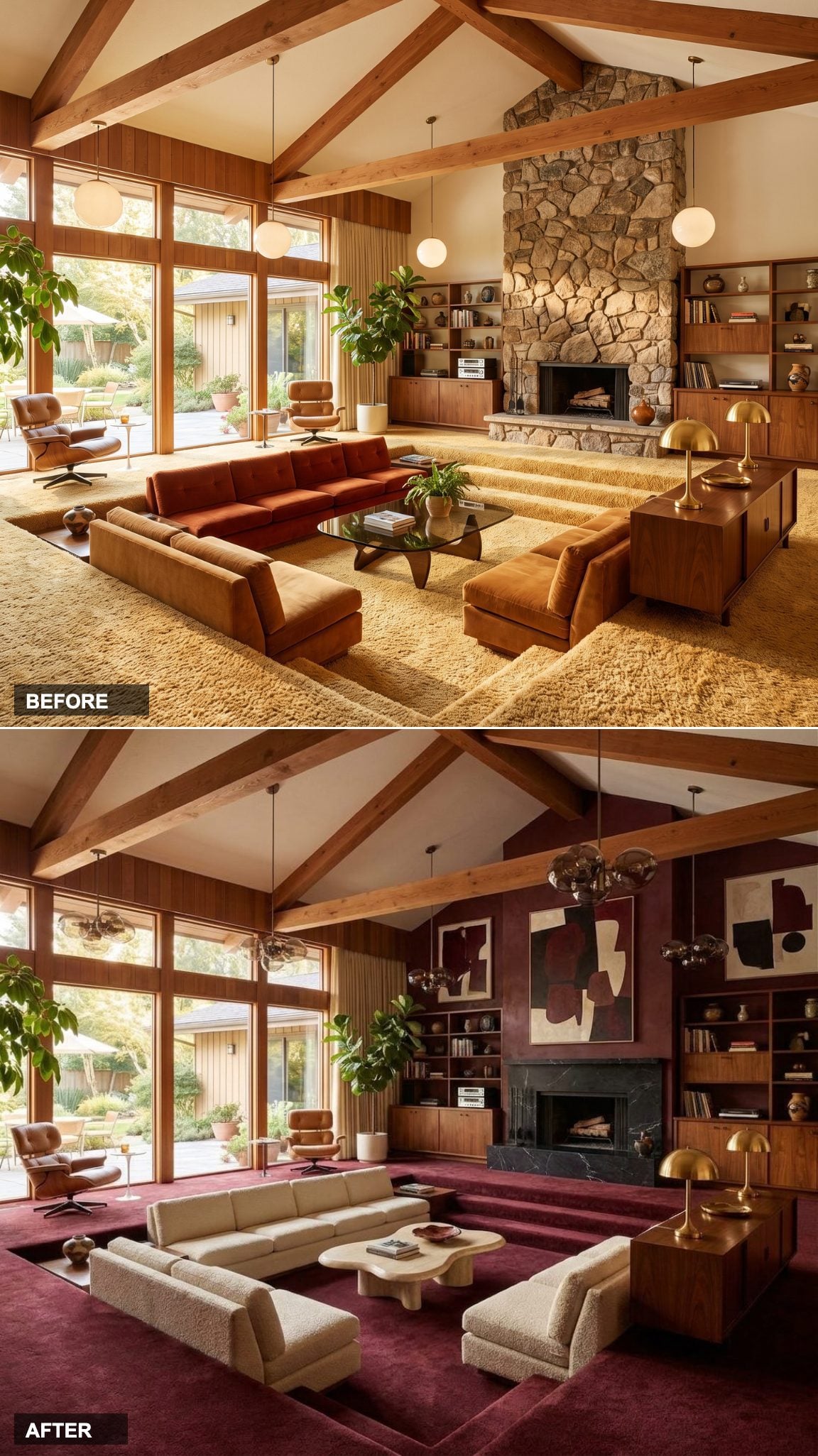 Dramatic Oxblood Plaster Walls with Cream Boucle Seating and Black Marble Fireplace