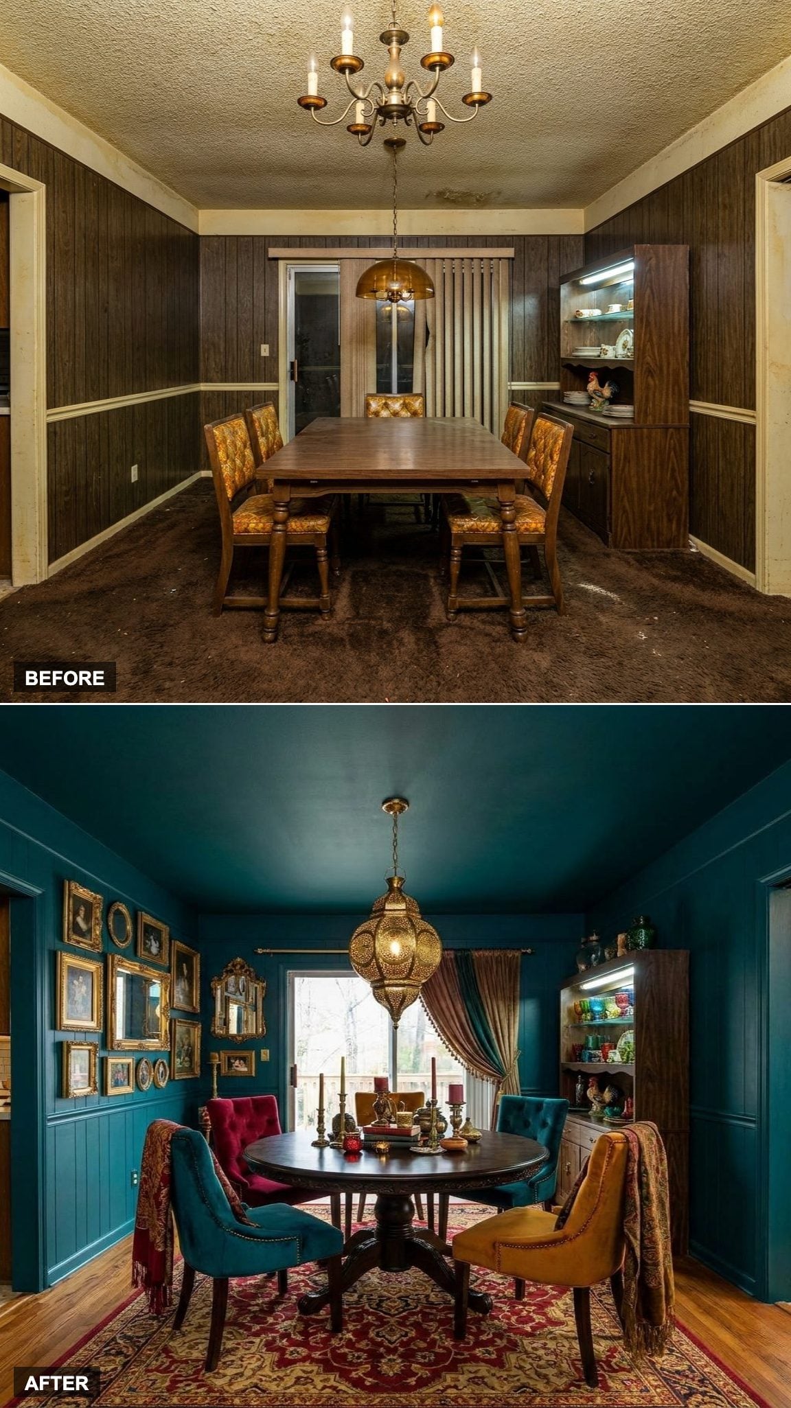 Eclectic Maximalist Jewel Box with Peacock Velvet, Gallery Walls, and a Moroccan Lantern
