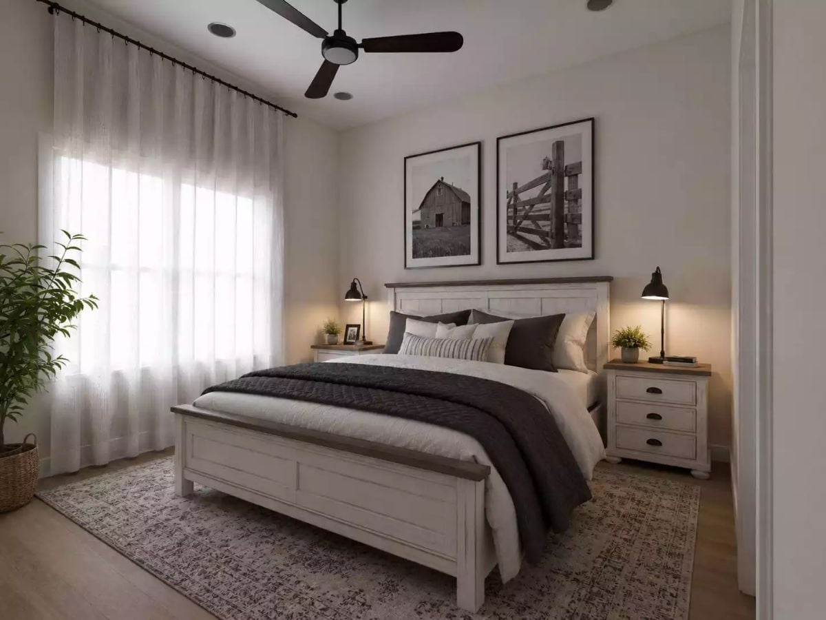 Farmhouse Bedroom Where Black-and-White Photography Earns Its Wall Space