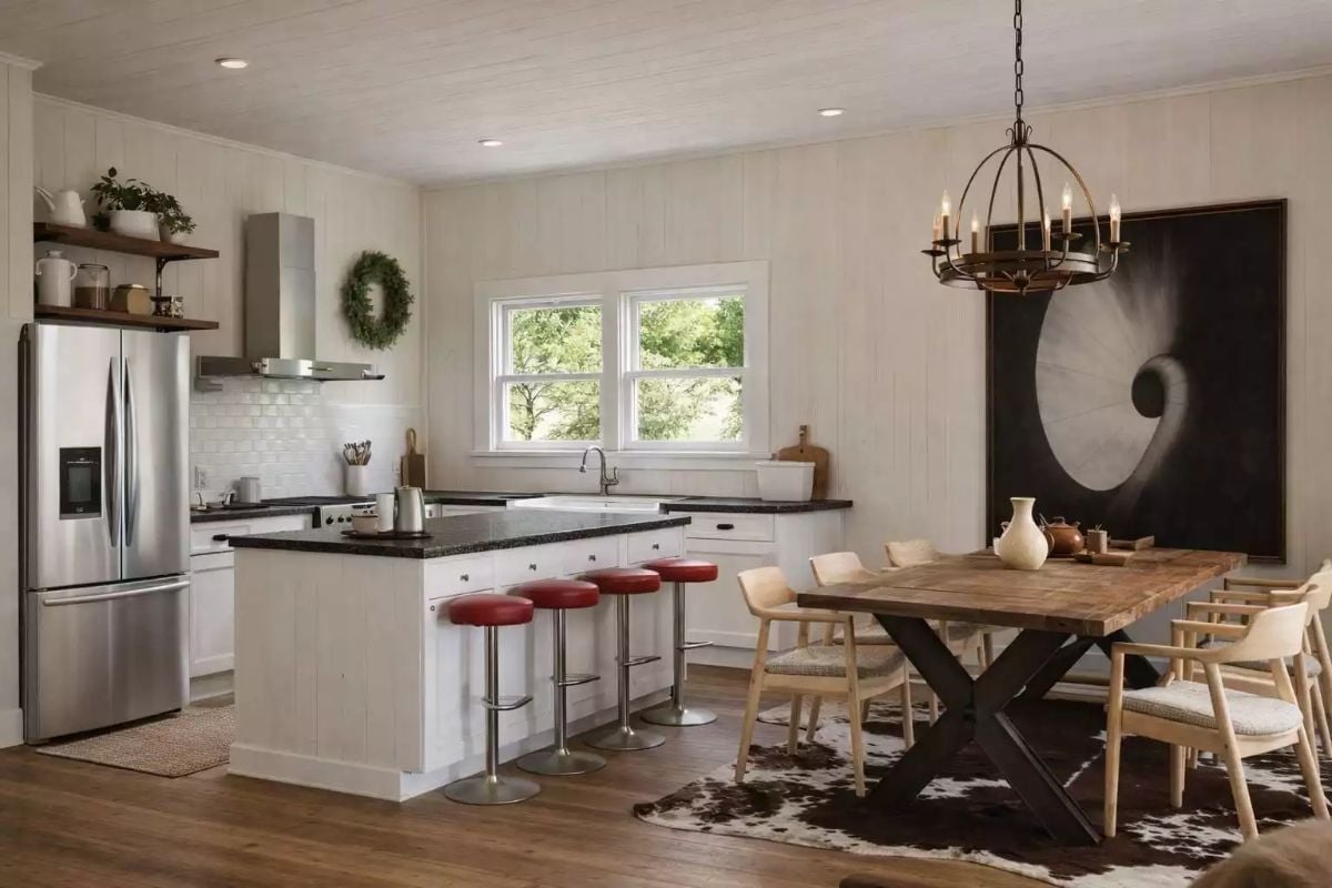 Red Barstools Against White Cabinetry — Ranch Kitchen With Something to Say