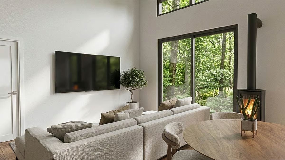 Clerestory Light, a Wood Stove, and Trees on Three Sides