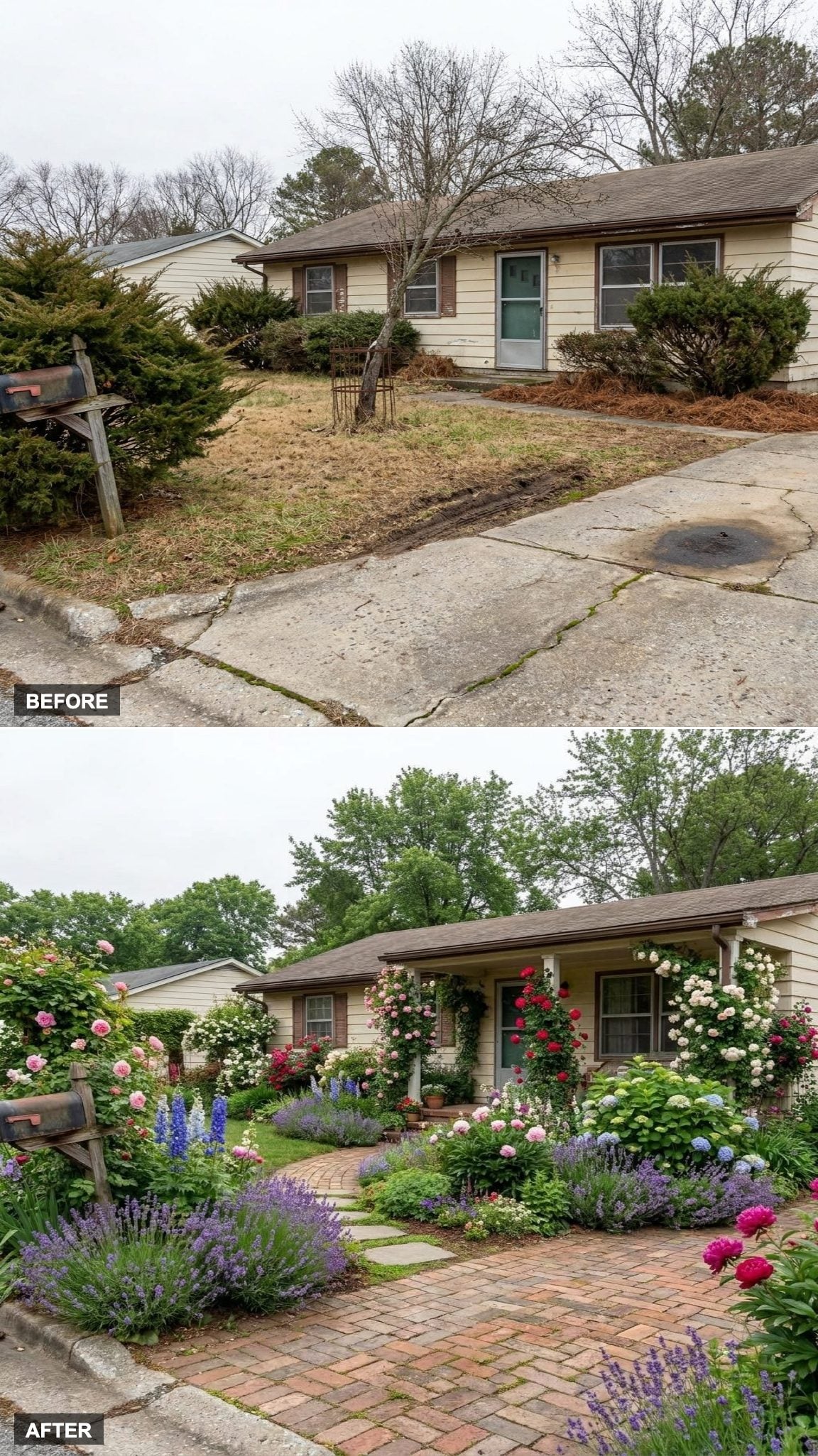 English Cottage Garden with Overflowing Roses, Climbing Vines, and Brick Pathways
