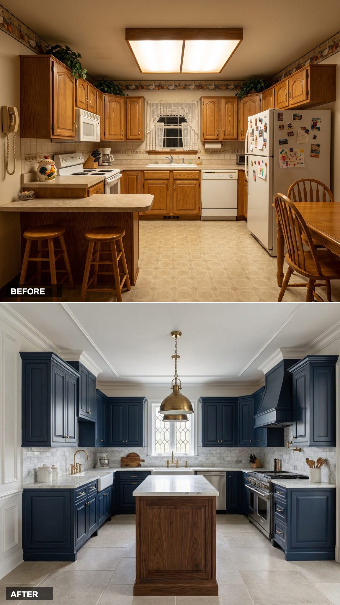 English Manor Kitchen: Deep Navy Cabinetry, Walnut Island, and Aged Brass Hardware