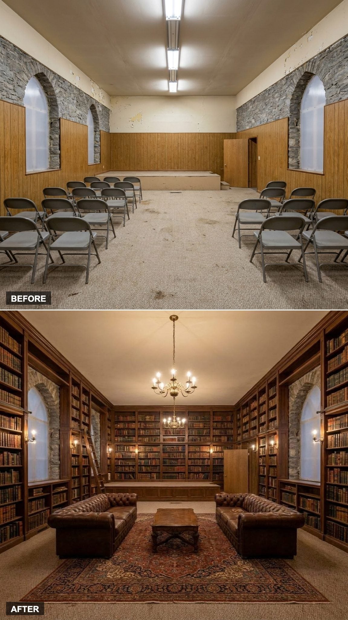 English Manor Library With Floor-to-Ceiling Bookshelves, a Rolling Ladder, and Chesterfield Sofas