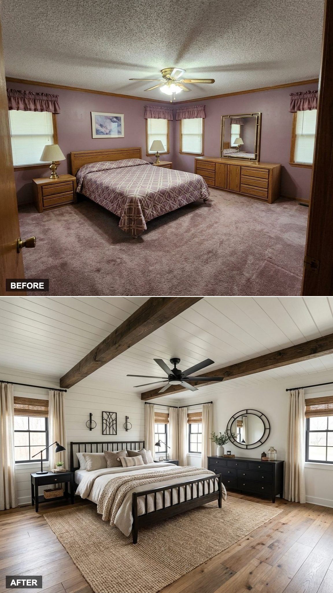 Exposed Beams, Shiplap, and Black Fixtures Swap Dated Drama for Modern Farmhouse Warmth
