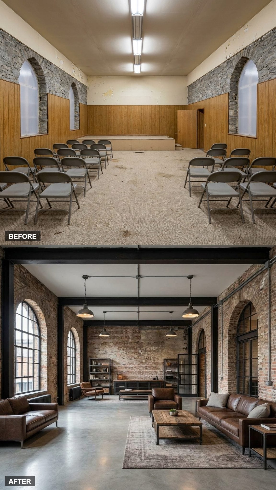 Exposed Brick, Black Steel Frames, and Polished Concrete Transform the Old Church Into a Raw Industrial Loft