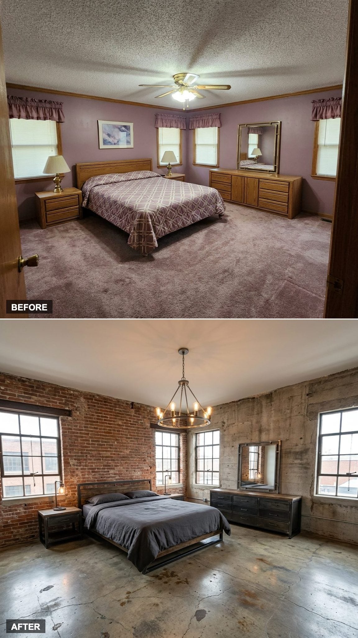 Exposed Brick, Edison Lighting, and Concrete Textures Rebuild This Bedroom as an Industrial Loft