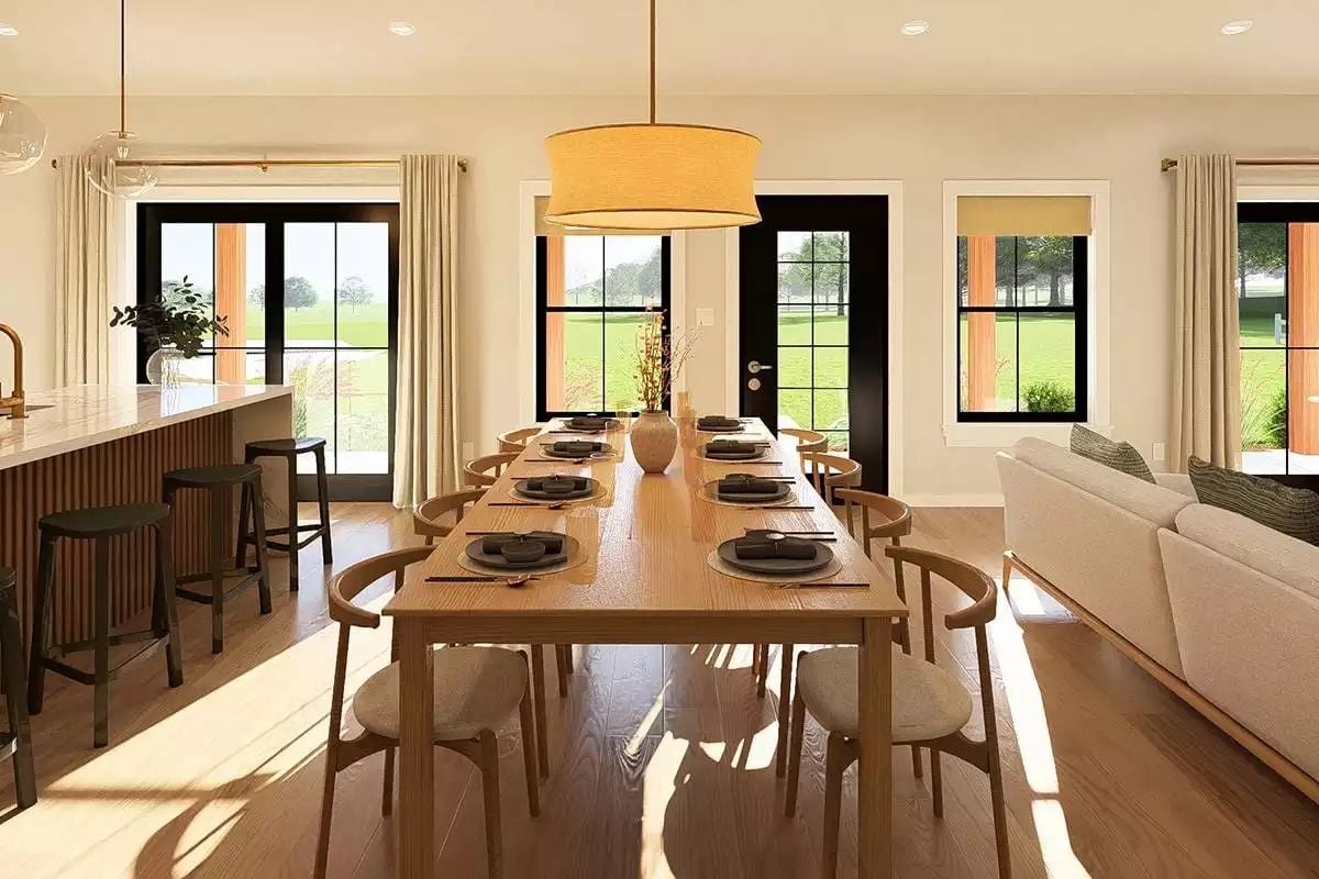 Drum Pendant, Long Table, Black-Framed Doors — Noon Light Does the Rest
