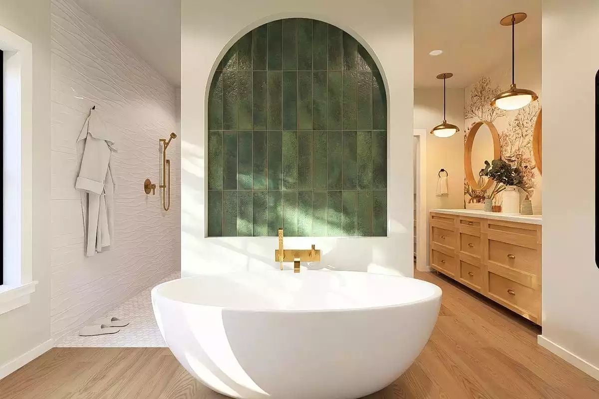 Gold Faucets, Green Arch Tiles, and a Soaking Tub That Sets the Whole Tone