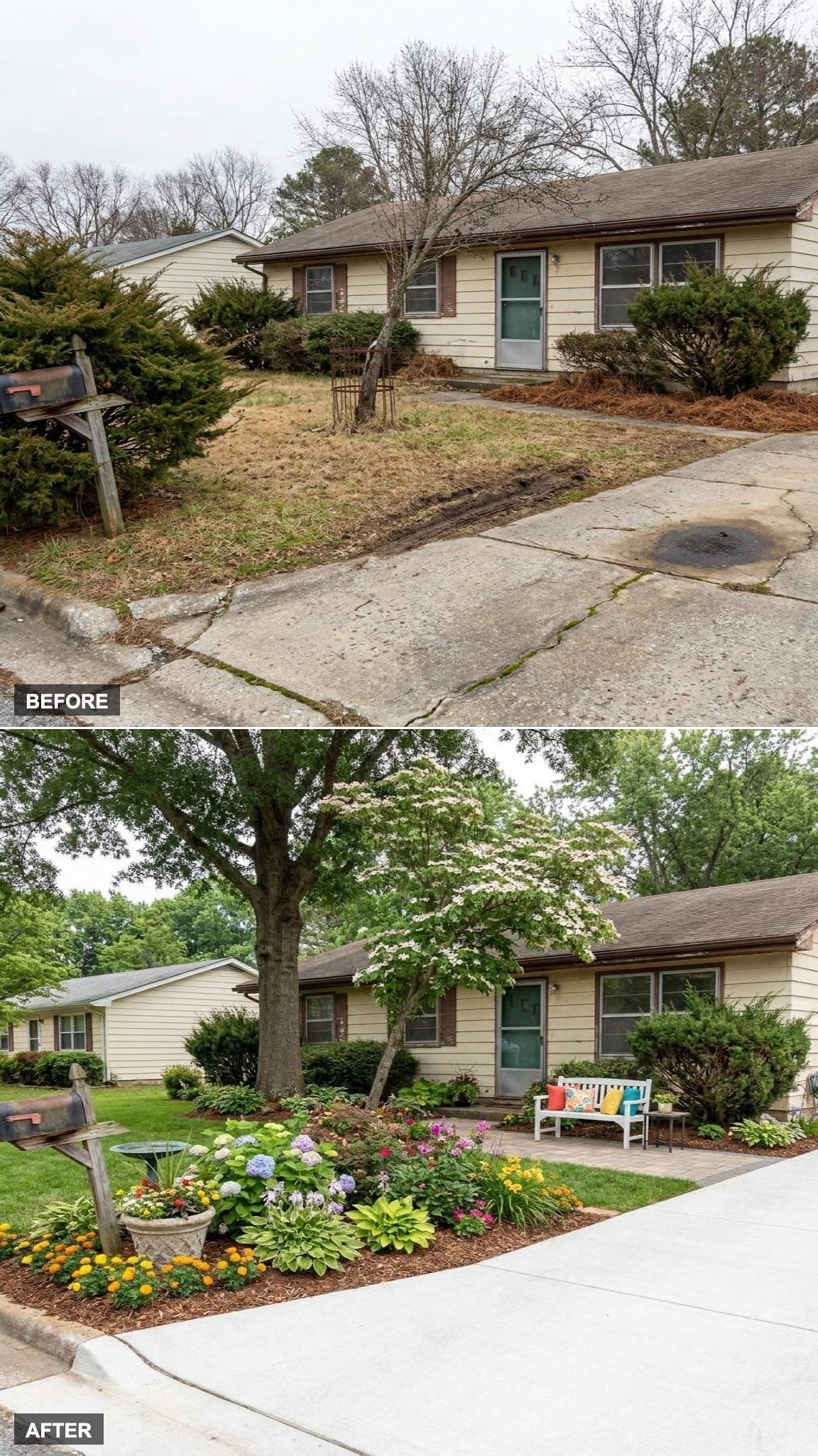 Family-Friendly Front Yard with Wide Walkways, Shade Trees, and a Welcoming Seating Area