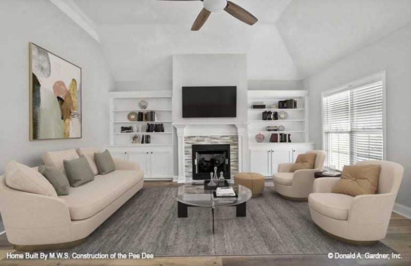 Swivel Chairs Around a Fireplace Make Conversation Feel Inevitable