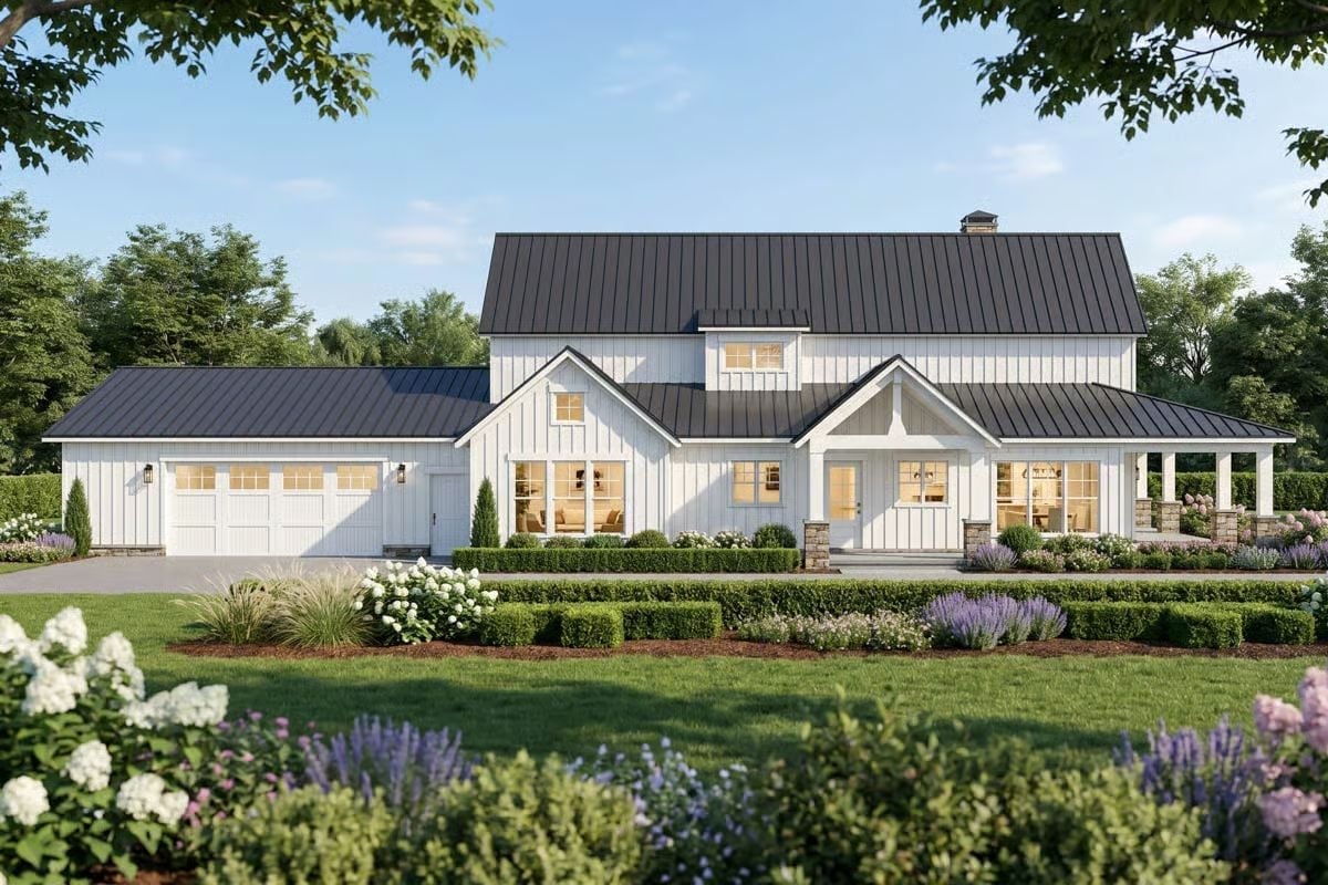Board-and-Batten White with a Dark Metal Roof That Actually Earns the Contrast