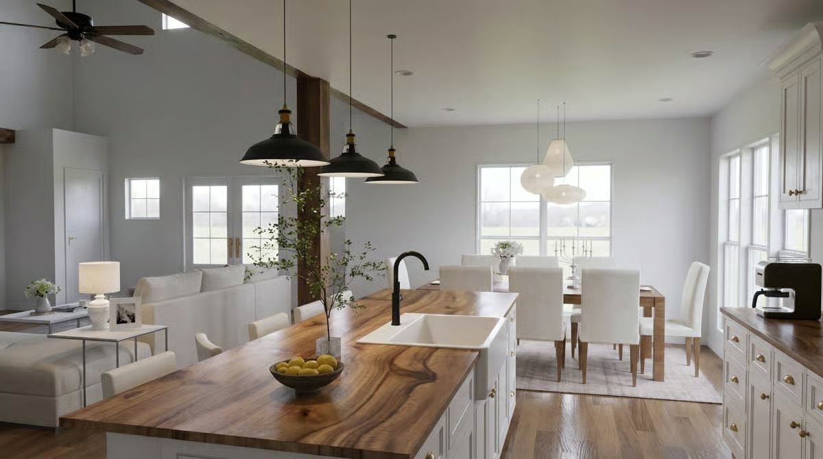 Butcher Block, Black Faucet, and an Open Plan That Refuses to Be Formal