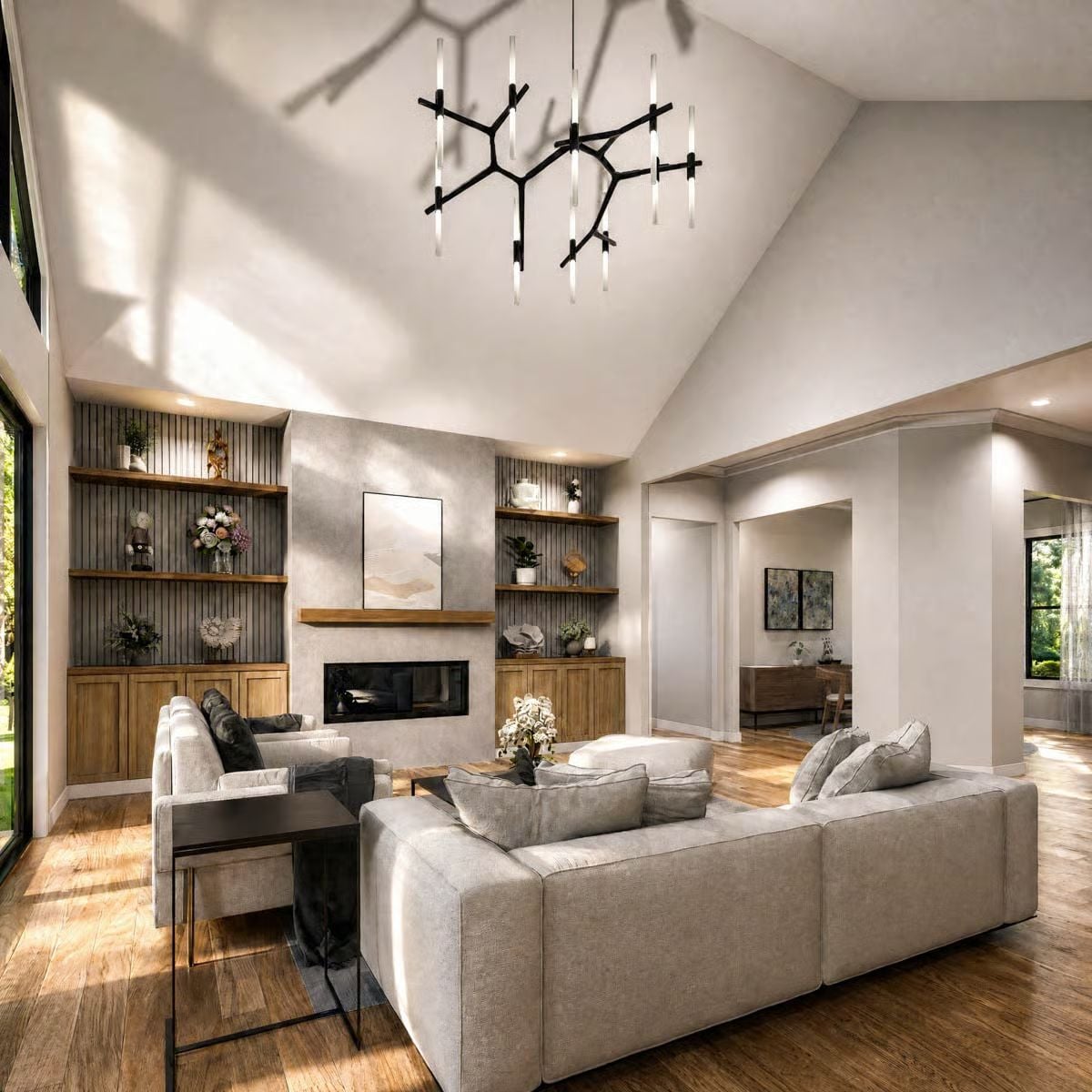 Branch Chandelier and Vaulted Ceiling Give This Living Room Serious Vertical Drama