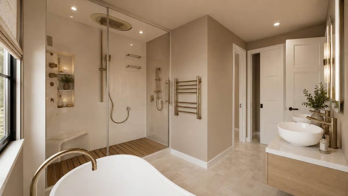 Brushed Brass and Teak Make This Walk-In Shower Worth Every Square Foot