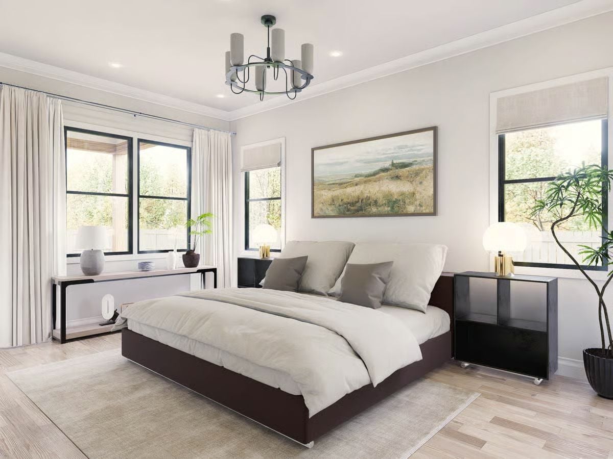 Chocolate Bed Frame, Greige Linen, and a Chandelier That Knows Its Role