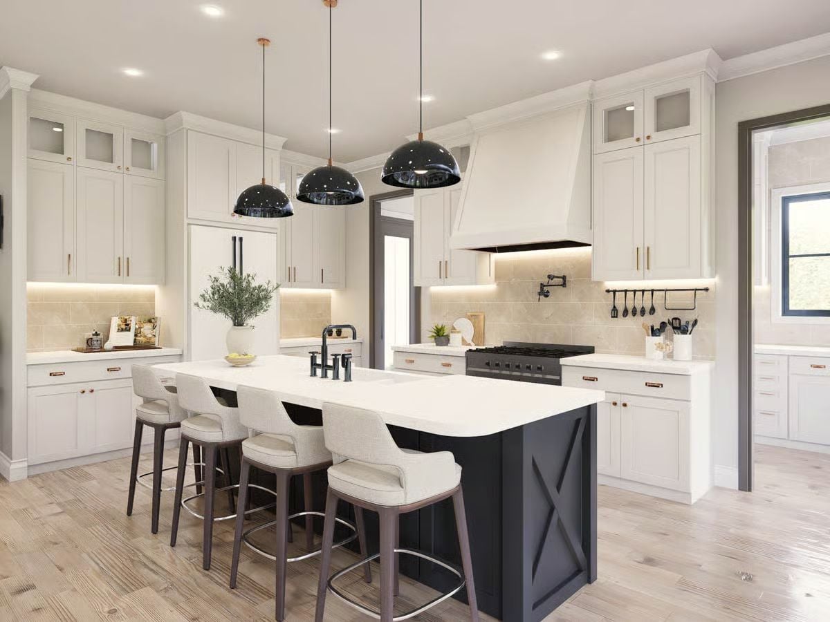 Dark Island Base, White Quartz Top, Three Pendants That Actually Fit the Scale